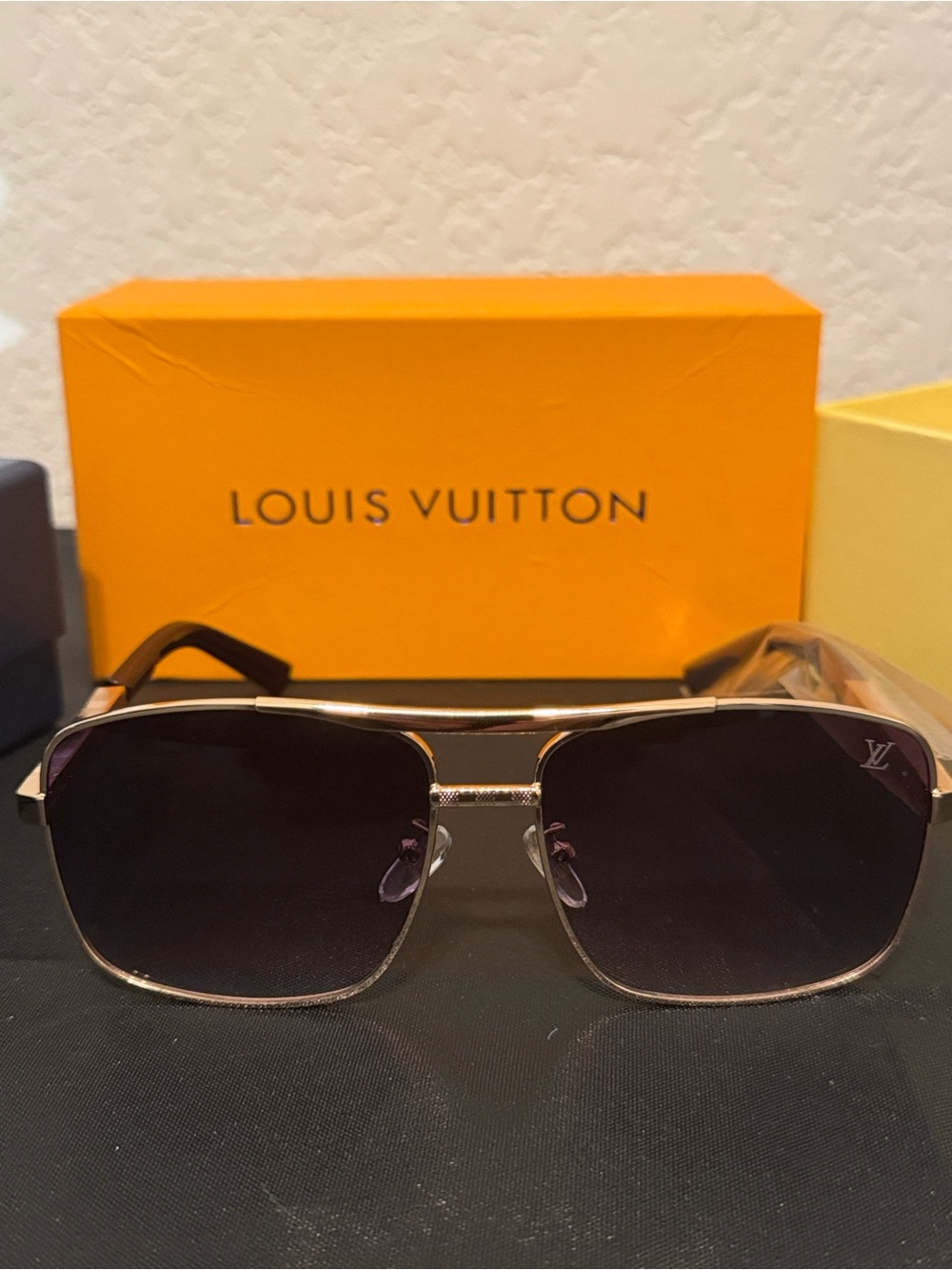 Louis Vuitton Men’s Square Aviator Sunglasses in Black Lens with Gold Frame
